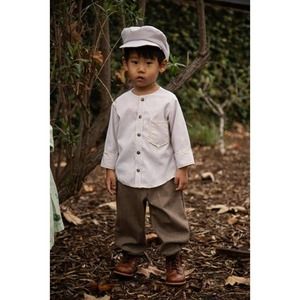 NWT Wren Amber Jake Boy Long Sleeve Shirt Size 2T-Upcycled Tan Seersucker